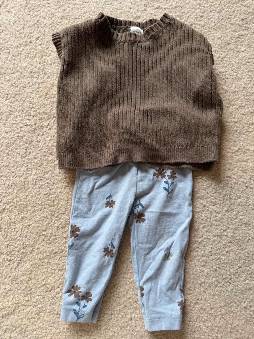 Carter's Brown Knit Sweater Vest with Light Blue Floral Leggings